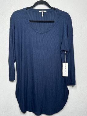 New Three Dots Top Navy Blue Scoop Neck Ribbed Knit Pullover 3/4 Sleeve Sz L
